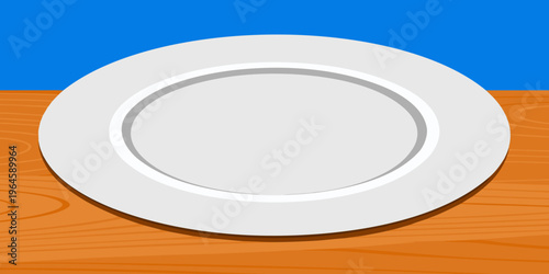 empty white plate on a wooden table top, food photography background or backdrop, horizontal top view with copy space