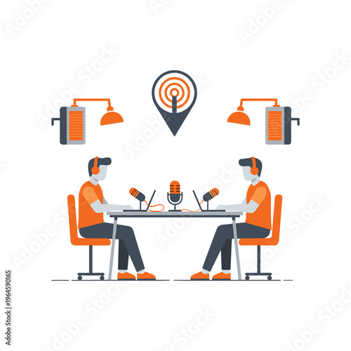 Professional radio station interior with two hosts recording podcast at office workstation.