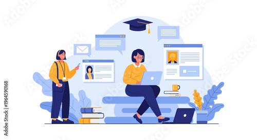 E-learning and Online Education Concept. Students Studying Remotely, Interacting with Digital Classrooms, Books, and Academic Content.