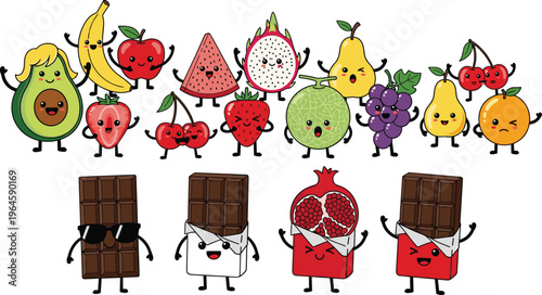 Cute Fruit and Chocolate Cartoon Character Set Vector Illustration with Banana, Watermelon, Cherry, Grape, Pomegranate, and Candy Mascots