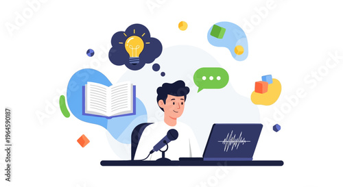 Digital Content Creator Recording Podcast or E-Learning Course. Man with Microphone, Laptop, Idea, and Knowledge Symbols.