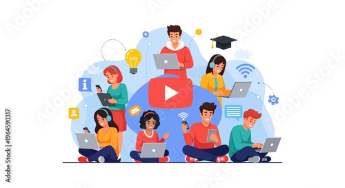 Digital E-Learning: Diverse Students Watching Video Tutorials Online. Remote Education, Webinar, and Technology Study Group Concept Illustration.