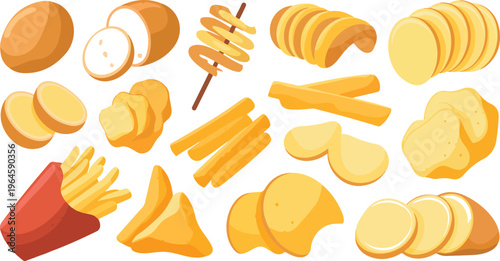Potato dish vector set featuring French fries, rustic mash potatoes, chips and sliced potato snacks for street food meal illustration