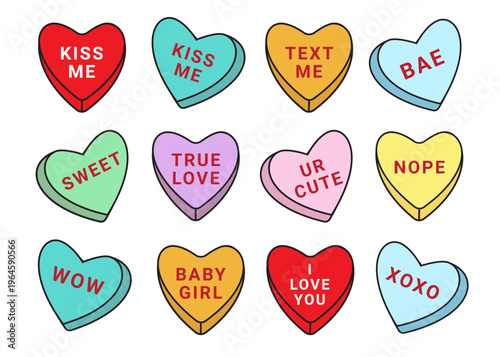 Vector set bundle of different color Valentines candy with love text