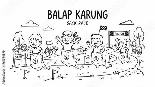 Children Sack Race Fun Competition - Cartoon Kids Racing