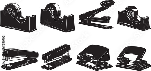 Set of black office staplers vector illustration flat design isolated on white background scalable graphic