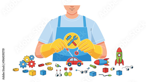The Toymaker's Craft: A skilled craftsman meticulously assembles toys, showcasing the joy of creation. He's surrounded by an array of colorful components and tools. 