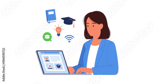 Woman using laptop for online education. E-learning, remote study, and digital knowledge acquisition flat vector illustration.
