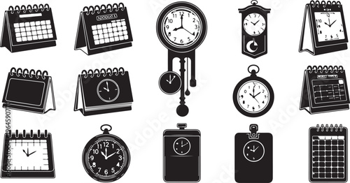 Collection of various clocks and timepieces set in black and white flat design vector illustration