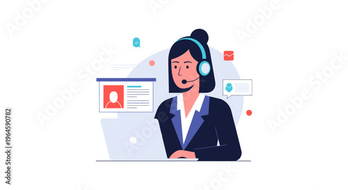 Customer Support Agent Flat Vector Illustration. Woman wearing headset providing online help, technical assistance, and contact center service.