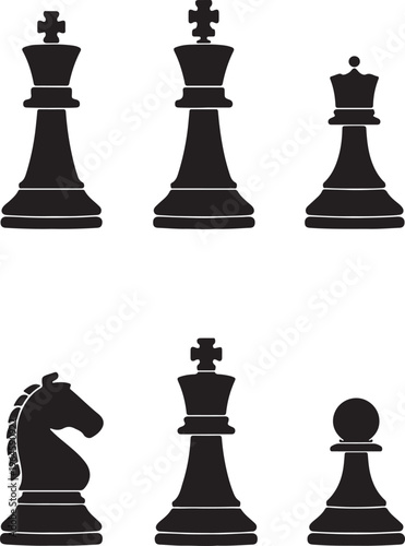 Black chess pieces, vector icons, knight, queen, king, pawn, chessboard symbols