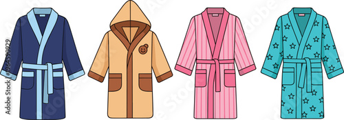 Set of cozy bathrobes in different styles and colors isolated on white background clothing apparel vector illustration collection