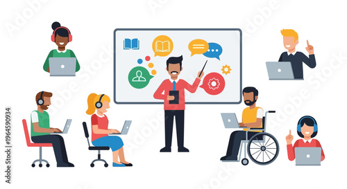 Diverse E-learning Group receiving Online Instruction. Inclusive Virtual Classroom or Corporate Training Seminar with Teacher and Students on Laptops.