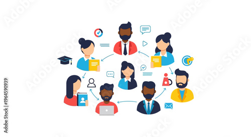 Team Collaboration Network Diagram: Diverse Professional People Connecting, Sharing Information, and Workflow Exchange in Business or Education.