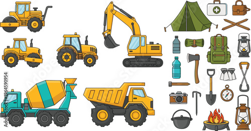 Construction Vehicles and Camping Equipment Vector Set with Excavator, Dump Truck, Mixer, Tent, Tools, Lantern, and Outdoor Survival Gear