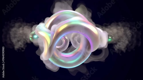 Abstract iridescent pearlescent smoke rings colliding and merging with soft rainbow sheen on an elegant dark minimalist background.