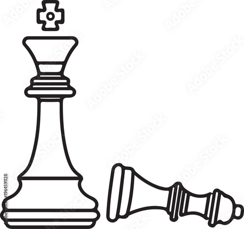 Chess pieces, king and pawn, black line art, vector icons, game strategy, checkmate concept