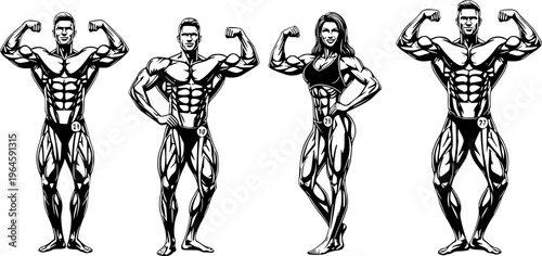 Professional Bodybuilder Silhouettes Set - Muscular Male and Female Athletes Posing Vector Illustration