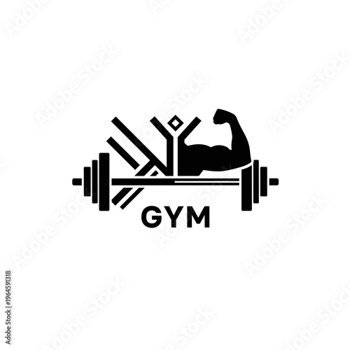 Black gym logo with dumbbell and arm.
