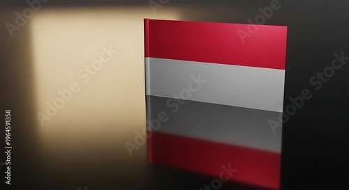 Indonesian flag reflected on glossy surface with soft lighting, elegant patriotic concept, clean composition with modern reflective aesthetic and calm atmosphere