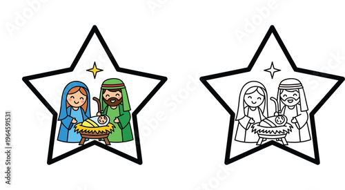 Cute Cartoon Nativity Scene Inside a Star, Color and Black and White Line Art Vector Illustration for Kids Coloring Book