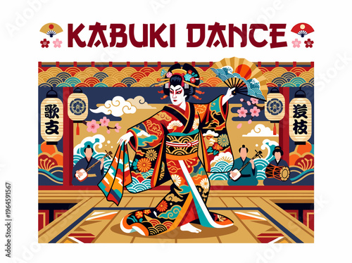 Kabuki Dancer in Kimono with Fan, Japanese Culture