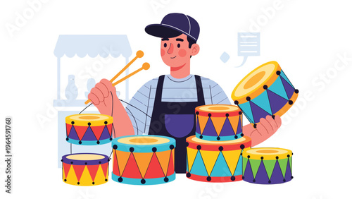 Artisan of Rhythm: An artisan meticulously arranges colorful drums, holding drumsticks, in a workshop, ready to share the beauty of rhythm.