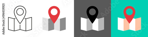 Map icon set, paper map with location sign