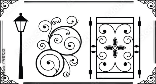 Black and white of a street lamp and decorative metalwork