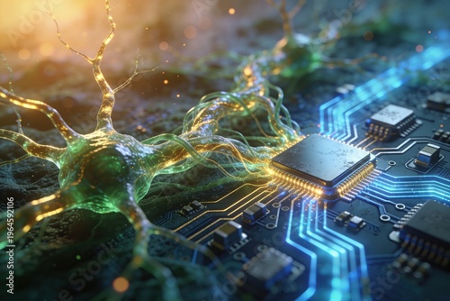 Neurons connecting to microchip computer circuit board futuristic technology