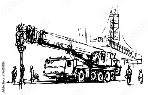 Mobile crane truck at industrial construction site with workers hand drawn sketch