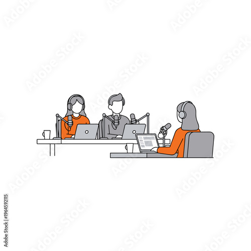 Three people recording audio podcast or radio show in professional studio with equipment.