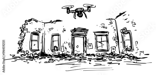 Drone flying over ruined building in war zone black and white sketch