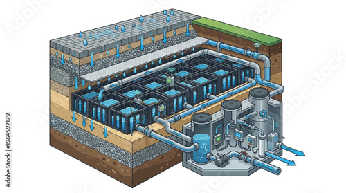 Cross-section diagram of wastewater treatment plant infrastructure.