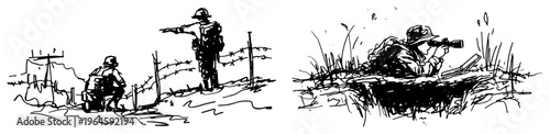 Soldiers patrolling near barbed wire and scouting from trench military sketch