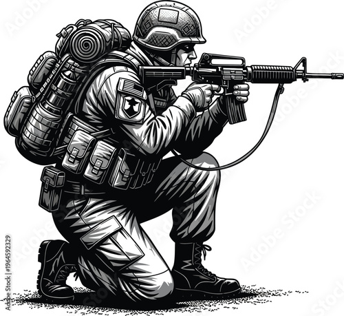 Soldier in tactical gear kneeling and aiming rifle