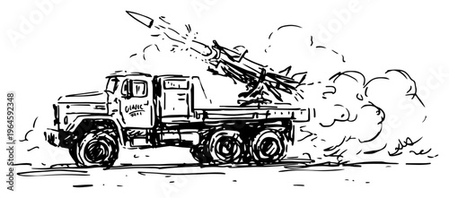Rocket launcher truck firing missiles with smoke and fire in hand drawn sketch style