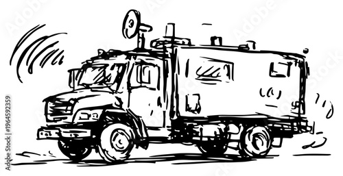 Military communication truck with satellite dish and radar equipment in hand drawn sketch style