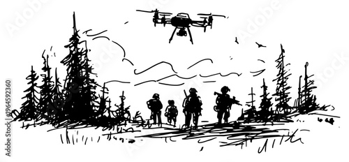 Soldiers patrolling forest with military surveillance drone hovering above in hand drawn sketch style