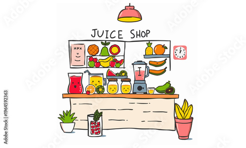 Drawing of a Juice Shop with Blender and Fruits Display Colorful Simple Illustration