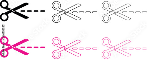 Scissors cutting line illustrations in various colors and opacities