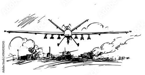 predator drone uav flying above burning tanks on battlefield sketch style