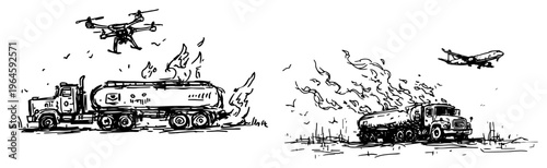 drone attack on fuel tanker truck and burning vehicle in sketch style