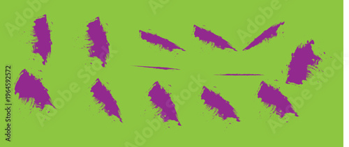 Abstract Purple Paint Brush Strokes And Grunge Splatter On Bright Green Background For Design