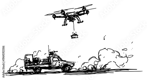 Tactical drone delivering a cargo package to a military truck in a hand drawn sketch style
