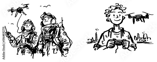 Military pilots and civilian hobbyist operating drones with remote controllers sketch style