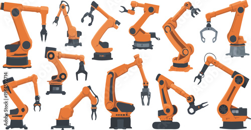 Robotic arms vector set for manufacturing automation featuring industrial robot machines and factory assembly automation technology flat design illustration