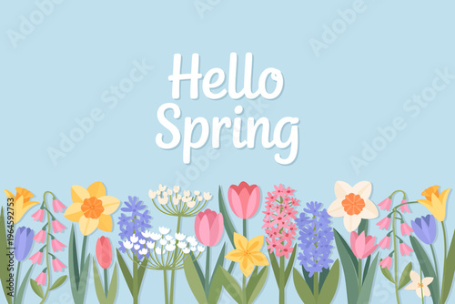 colorful flowers and hello spring text on blue background