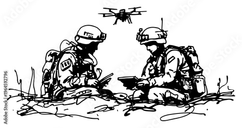 Soldiers using tablet computers to pilot tactical drone in field sketch style