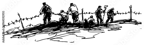 Group of men installing barbed wire fence on hillside military sketch